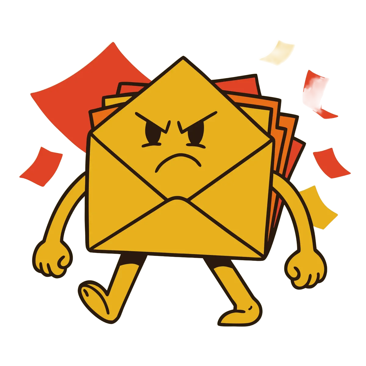 A grumpy overstuffed envelope monster with loose letters fluttering around it.