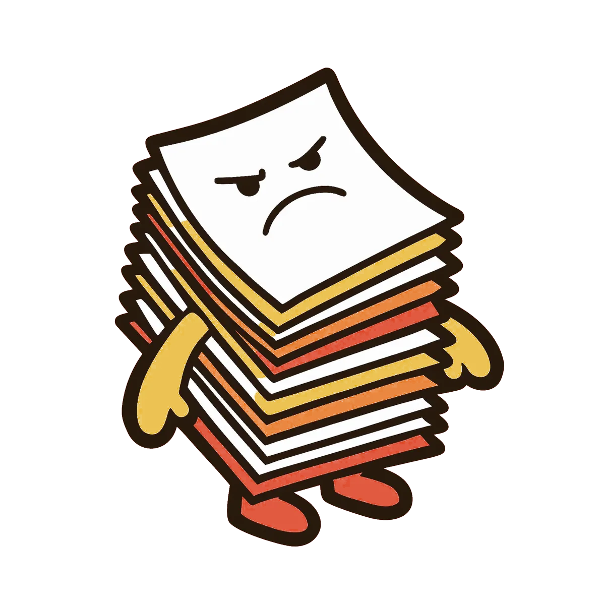 A grumpy monster made of a stack of overdue invoice papers.