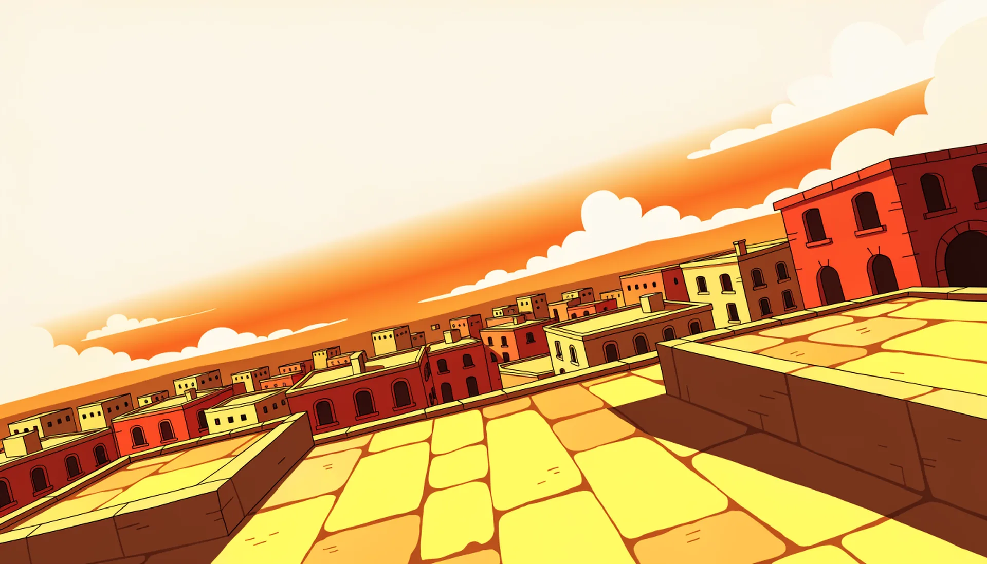 A sunlit rooftop at sunrise, with a small Maltese town below.