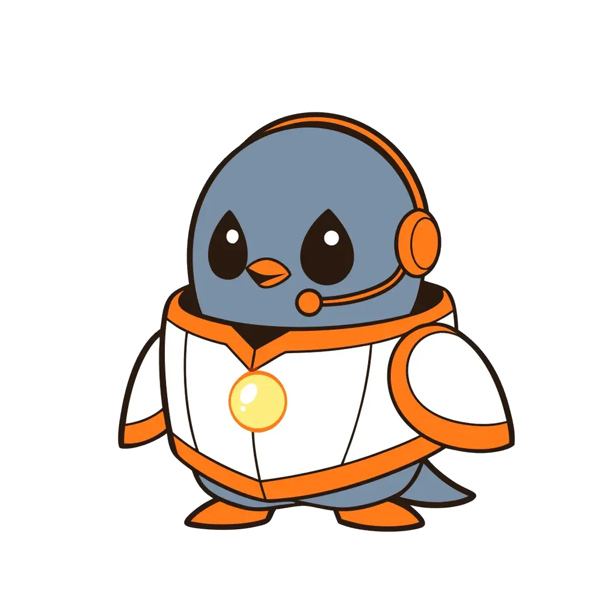 Mech Peppi, the ultimate form: the swift in rounded cream armor with flame trim, eyes visible above the plates.