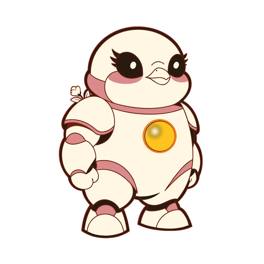 Mech Rozi, the ultimate form: the dove in rounded cream armor with rose trim, eyes visible above the plates.