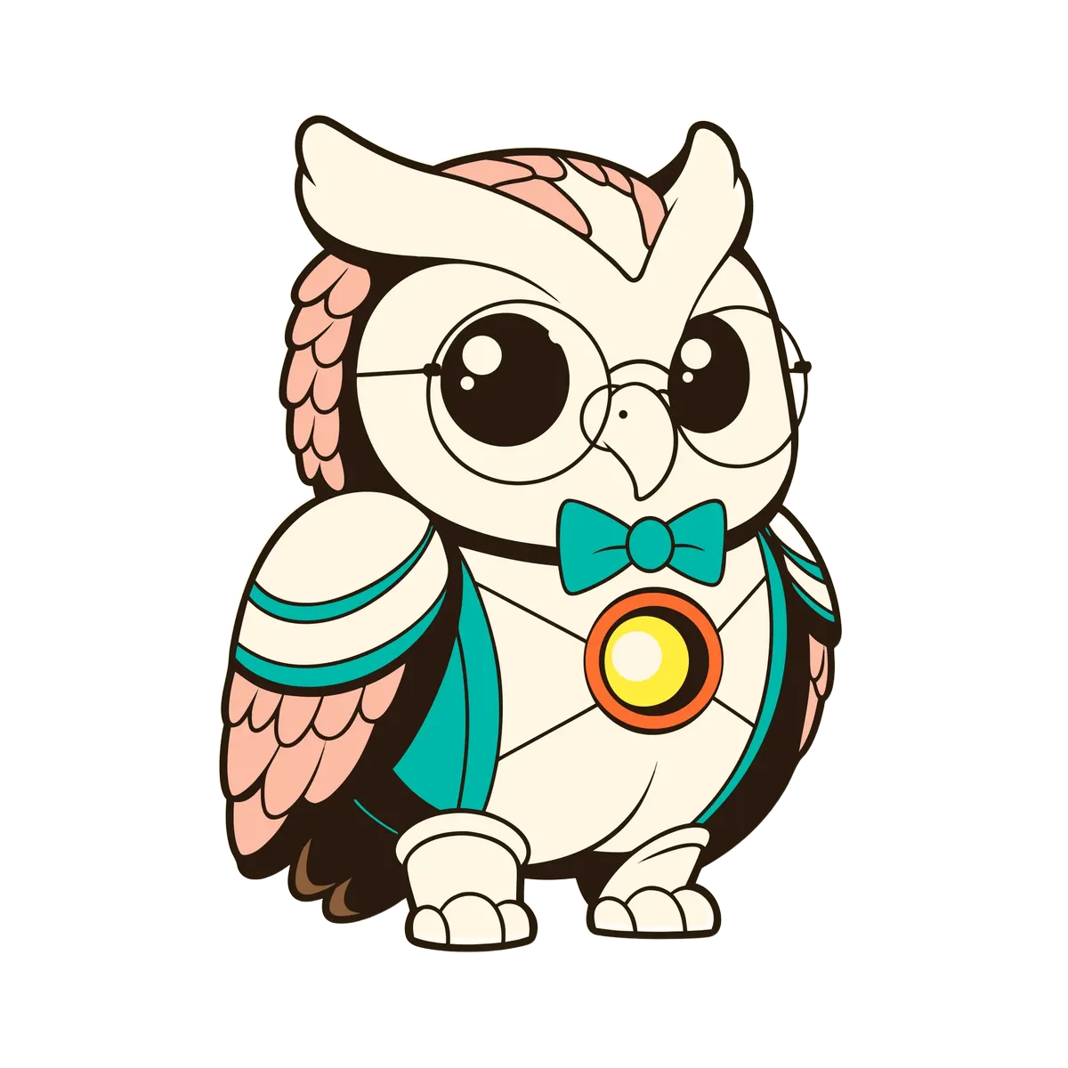 Mech Zeppi, the ultimate form: the owl in rounded cream armor with teal trim, spectacles still on.