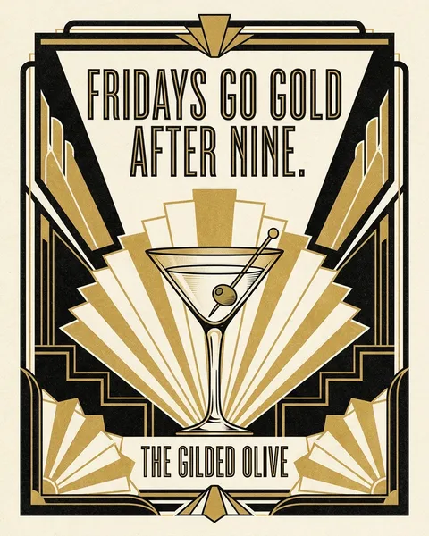 Example post. Fridays go gold after nine: art deco for a bar.