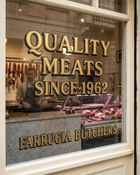 Example post. Quality meats since 1962: a gold leaf shop window.