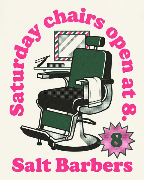 Example post. Saturday chairs open at 8: a riso print for a barber.